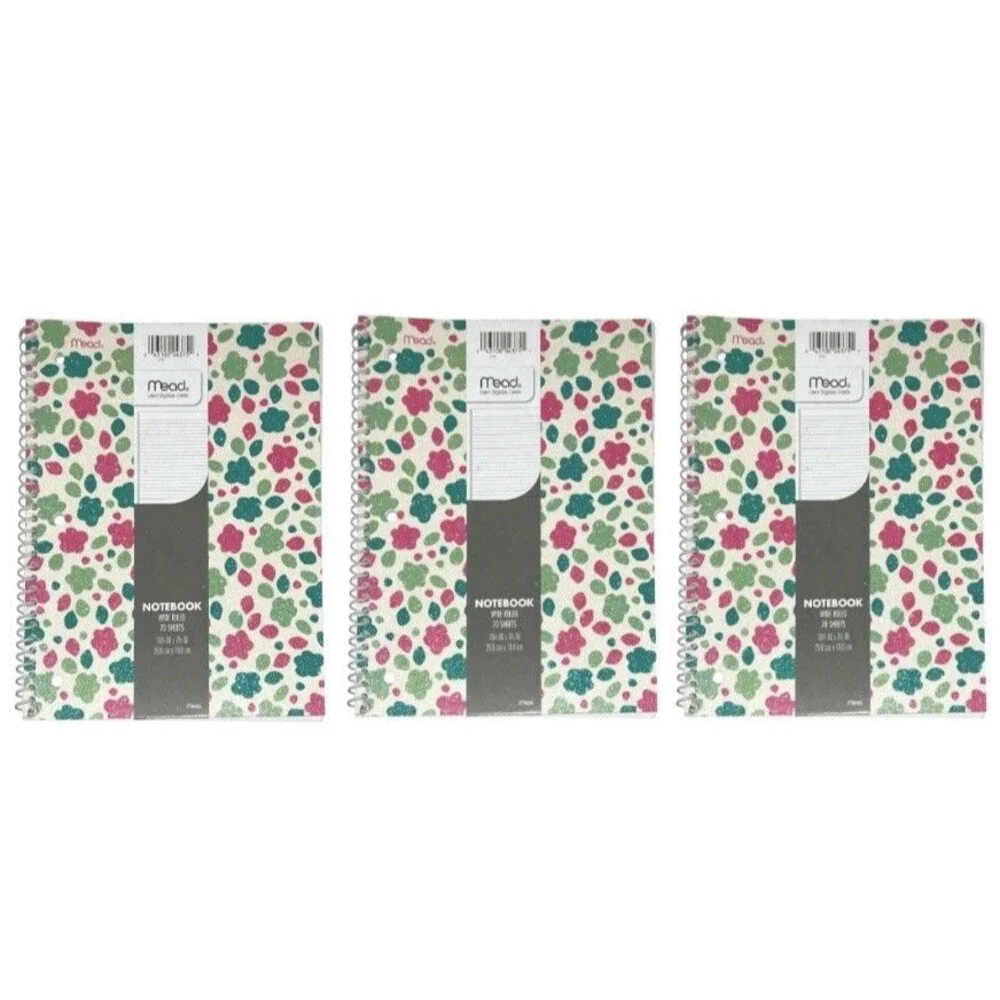 3x Mead Glitter Glam Sparkle Wide Ruled Spiral Notebook 70 Sheets Each